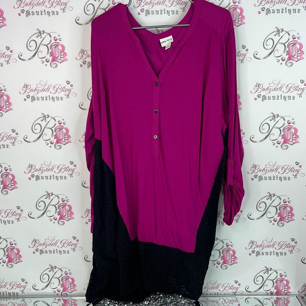 Ava & Viv long sleeve shirt dress pink purple Fuchsia and Black Blouse